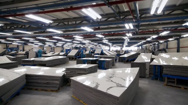 Inside a luxury stone processing factory this 4K footage shows polished marble and granite slabs neatly arranged ideal for industrial architectural or interior design product demonstrations