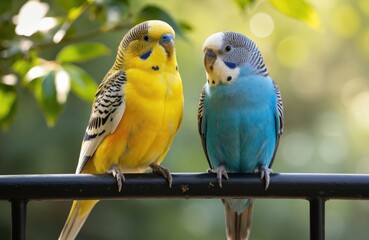 Two vibrant budgerigars, one yellow, one blue, perch together on black railing under bright sunlight. Colorful feathers, close proximity suggest companionship, peaceful moment in nature. Image