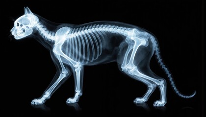 Fototapeta premium X-ray image displays feline skeleton, anatomy, bones, and joints. Veterinary science education tool details cat skeletal structure, spine, skull, limbs, and tail on black background.