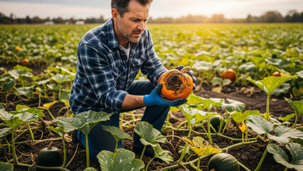 A farmer wearing blue gloves and a plaid shirt kneels in a pumpkin patch, closely inspecting a diseased or rotting pumpkin on the vine during a warm, sunny harvest day