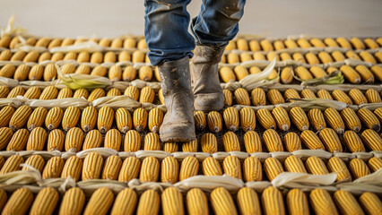 A person's feet and legs, wearing worn, muddy boots and dirty jeans, stand on a floor covered in neat rows of freshly harvested yellow corn on the cob, creating a rustic and earthy scene