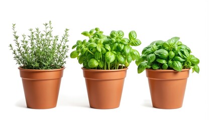 Three terracotta pots hold fresh green herbs. Pot of rosemary, pot of basil, another pot of basil isolated on clean white background, suggesting homegrown organic produce for culinary use kitchen