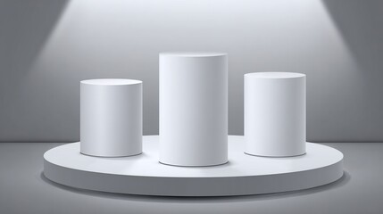 White stage with three cylindrical pedestals under a spotlight