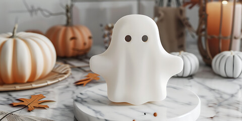 Ghost shaped cake with pumpkins and autumn leaves
