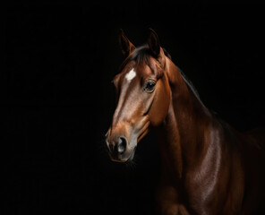 Fototapeta premium Majestic portrait of champion horse with dark background. Powerful equine displays elegance, strength, featuring detailed face, mane, eye. Noble build, calm demeanor suggest thoroughbred breed ready