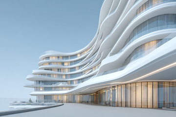 Stunning modern architectural masterpiece featuring flowing white curves and expansive glass facade, evoking luxury and innovation in contemporary design.
