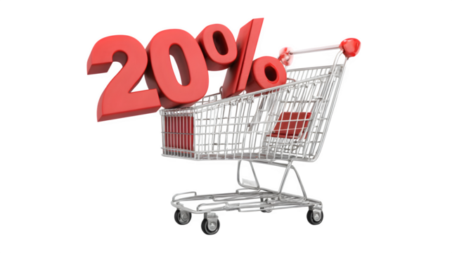 Shopping cart with giant 3D 20% sale on white background 