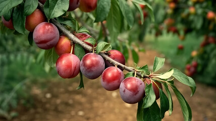 Obraz premium Close up of a plum tree branch laden with ripe plums ready for harvesting season now