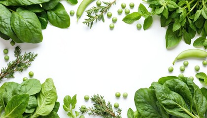 Obraz premium Fresh spring banner with assortment of green produce, including spinach, arugula, peas, mint, and rosemary sprigs. Features bright, airy feel on white background with ample copy space for text.