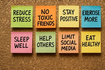 Sticky notes with health tips for stress reduction, sleep, positivity, and exercise on cork board healthy lifestyle Background