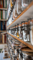 Jar spice shelf kitchen pantry storage organization glass container row pattern perspective food ingredient cooking herb flavor focus depth lifestyle