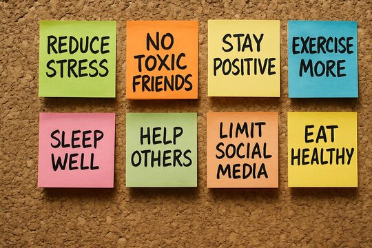 Sticky notes with health tips for stress reduction, sleep, positivity, and exercise on cork board healthy lifestyle Background
