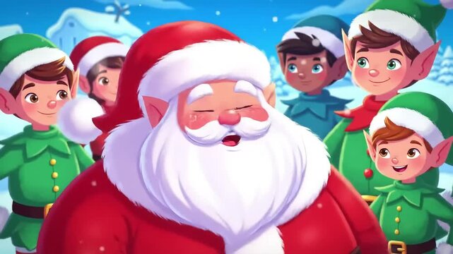 Santa Claus speaks to elves in winter village