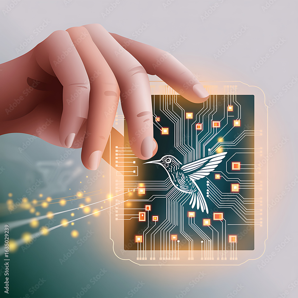 Poster hand with a circuit board and a computer mouse, a concept of technology and global communication