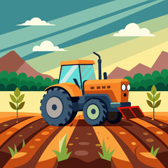 Tractor plowing a field, showcasing agricultural activity in a colorful rural landscape