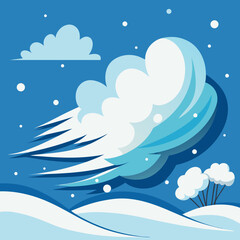 Wind blowing snow across a winter landscape, creating a serene and chilly atmosphere