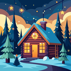 Winter cabin adorned with lights, surrounded by snow-covered trees and a magical night sky