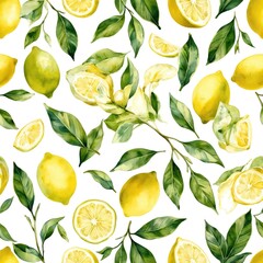 Obraz premium Hand-drawn watercolor illustration vibrant seamless pattern of fresh lemons, green leaves. Botanical design features juicy citrus fruits, detailed plant branches, perfect for fabric, wallpaper,