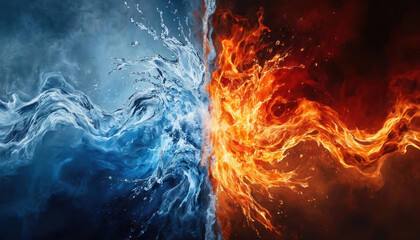 Abstract illustration showing dynamic collision of fire, water elements. Fiery red flames meet cool blue icy waves in striking contrast of hot versus cold. Nature inspired motion creates magical