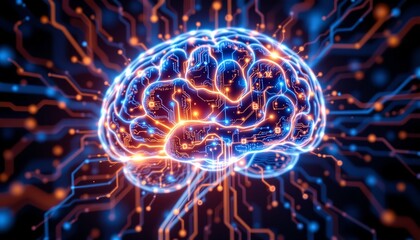 digital brain tech visualization glowing blue