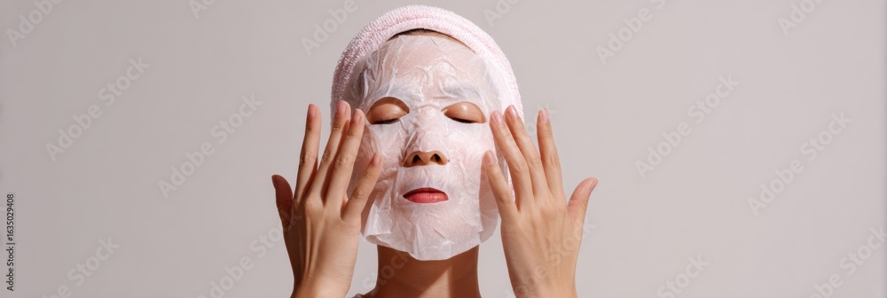 Poster model enjoys self-care by applying a sheet mask in a serene environment while enhancing skin health 