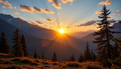 tranquil landscape with golden sunrise over mountains