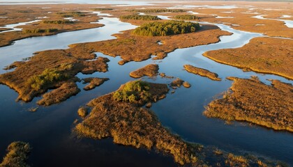 Aerial view of Georgia coast intercoastal waterways during golden hour. Blue water rivers meander through golden brown salt marshes and wetlands. Small islands with green trees dot the landscape.
