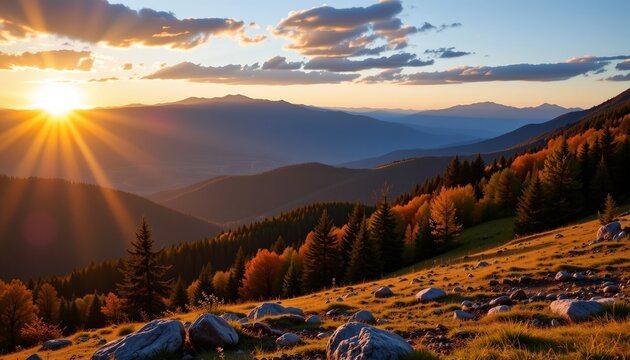 tranquil landscape with golden sunrise over mountains - Powered by Adobe