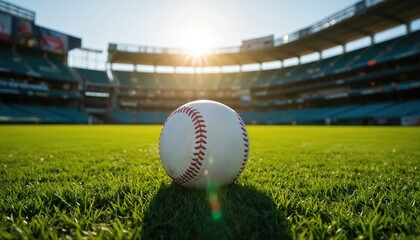 Baseball rests on green turf in empty stadium under golden sunlight. Represents teamwork, athleticism, classic sporting tradition. Pro setting for game, competition.