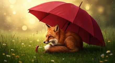 Obraz premium Fox Under a Red Umbrella: A whimsical scene features a red fox peacefully nestled beneath a vibrant red umbrella on a lush green field, evoking a sense of warmth and serenity.