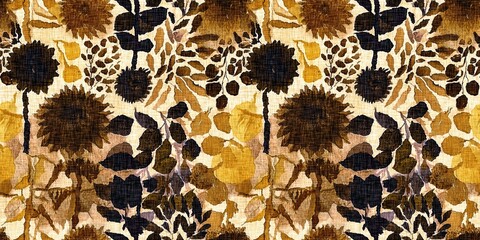 Stylised autumn winter brown floral watercolor seamless border pattern. Rustic cottage style mottled banner trim blur effect fabric texture design. For fall botanical wash tape