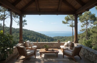 Fototapeta premium Luxury wooden terrace furniture set with cushions offers stunning sea, forest views. Enjoy comfortable seating on chairs around coffee table. Perfect for summer vacation, resort relaxation, outdoor