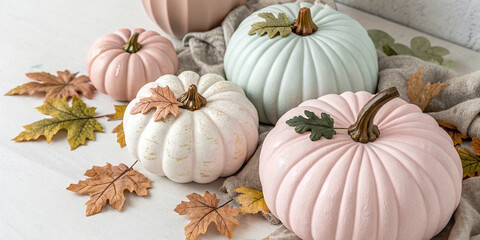 Festive autumn arrangement featuring pastel colored pumpkins nestled among scattered fall leaves, creating a warm and inviting atmosphere perfect for halloween celebrations
