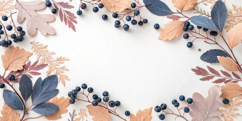 Autumn frame composition made of dry leaves, berries, and branches on a white background creating a cozy and inviting atmosphere, perfect for seasonal designs
