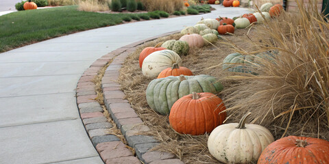 Pumpkins of various colors are decorating a hay bale border along a paved path with dry leaves, creating an autumnal atmosphere, perfect for halloween