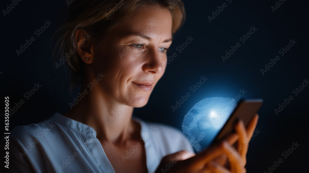 Poster digital marketing woman using mobile with global internet network connection