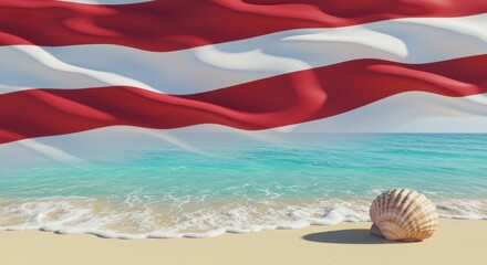 Waving Red and White Stripes Over a Serene Tropical Seashore