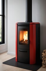Modern black, red dual-fuel stove burns wood, pellets, offering clean energy, smart home features. Sleek minimalist design complements home renovation upgrade projects. Features include thermostat