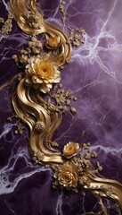 Luxurious deep purple marble background with flowing metallic bronze, golden chrysanthemums. Opulent design rich textures, elegant floral patterns, creating sophisticated, regal aesthetic.