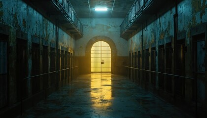 Dimly lit prison corridor featuring cells with barred doors. Central arched entryway with heavy steel gates glows with yellow light. Gloomy, desolated hallway evokes confinement, isolation, mystery.