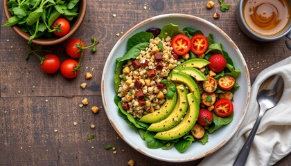 overhead shot of gourmet salad bowl with avocado and quinoa