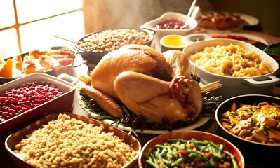 A bountiful Thanksgiving table, laden with delicious, steaming food, evokes warmth and festive abundance.