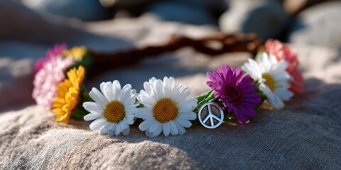 boho flower crown, dreamy festival background with sunlight flare, featuring a delicate flower crown with a tiny metallic peace charm on textured fabric