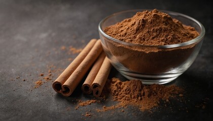 Ground cinnamon powder fills glass bowl next to whole cinnamon sticks on dark textured surface. Spice used in baking, cooking, beverages. Natural ingredient for warm flavor, aroma. Health benefits,