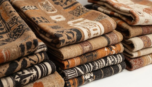Stacks of African mud cloth feature intricate malian symbols in earthy brown, black, white hues. Hand-made cotton textiles display traditional tribal patterns, natural dyes. Artisan craftsmanship