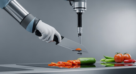 Robotic arm with precision knife slicing fresh vegetables on a modern kitchen countertop, showcasing advanced culinary technology and innovation in food preparation