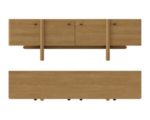 top  and front views of wood sideboard table 