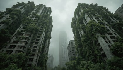 Futuristic abandoned city center with skyscrapers being reclaimed by nature. Overgrown buildings feature dense green plants engulfing structures. Mystery and desolation define this scene.