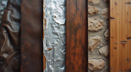 Texture study featuring macro close-ups of a vintage leather jacket, weathered wooden plank, shiny aluminum foil, worn stone wall, and delicate bamboo paper. Natural window light highlights texture an