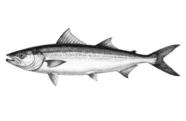 Obraz premium Detailed black, white illustration of mackerel fish, intricate line work, realistic texture in scratch board style. Isolated on white background, artwork emphasizes vintage fishing, tackle, marine